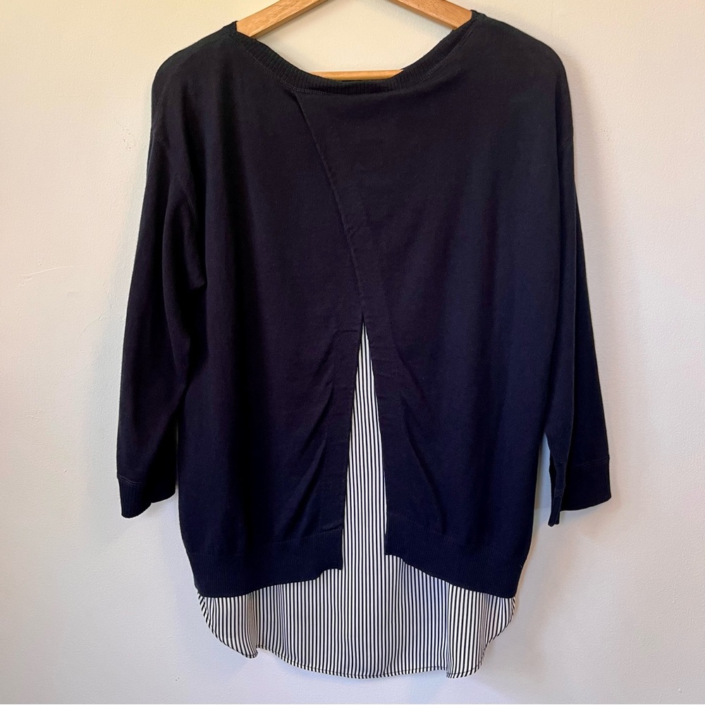 Market & Spruce Navy Blue & Stripe Mock-Layered Knit Crewneck Sweater, Size M - Picture 4 of 10